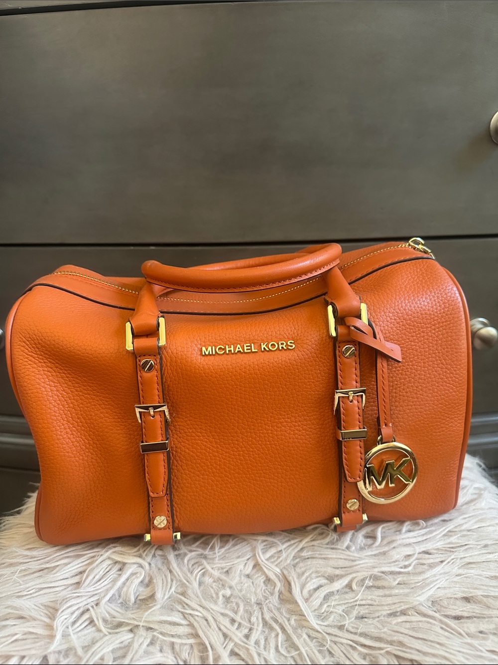 Michael Kors Orange Pebbled Leather Satchel with Gold Hardware